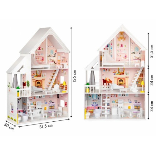 Drevený domček pre bábiky Eco Toys XXL Rezidencia s vybavením, púdrový