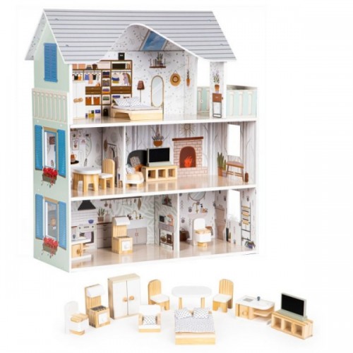 Drevený domček pre bábiky Eco Toys Rezidencia Emma s vybavením, biely