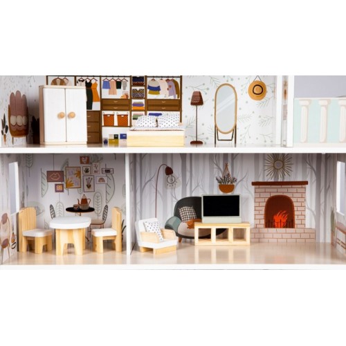 Drevený domček pre bábiky Eco Toys Rezidencia Emma s vybavením, biely