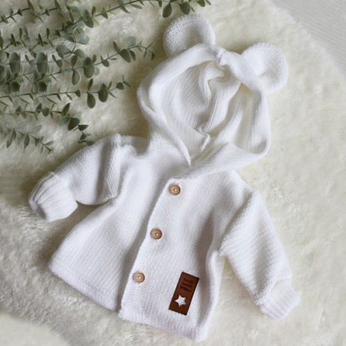 Elegantný pletený svetrík s gombíkmi a kapucňou s uškami Baby Nellys, biely, veľ. 62
