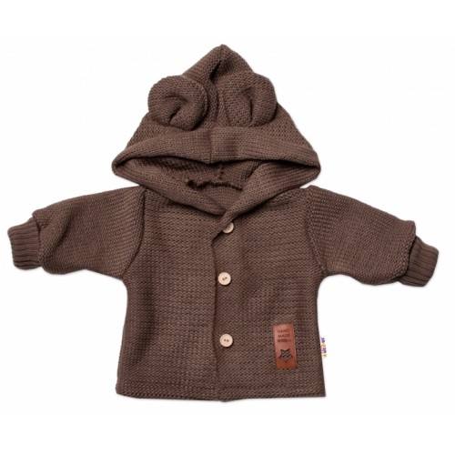 Elegantný pletený svetrík s gombíkmi a kapucňou s uškami Baby Nellys, hnedý, veľ. 62