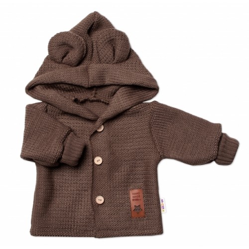 Elegantný pletený svetrík s gombíkmi a kapucňou s uškami Baby Nellys, hnedý, veľ. 68