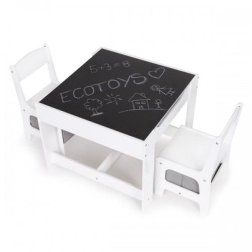 Detský drevený nábytok Eco toys, stolček s tabuľou + dve stoličky - biela/sivá