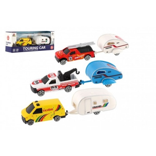 Auto s mini karavanom kov/plast 14cm na voľný chod 3 druhy v krabičke 19x7x4, 5cm