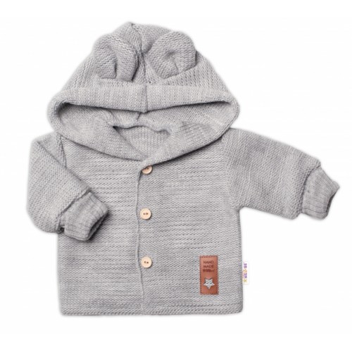Elegantný pletený svetrík s gombíkmi a kapucňou s uškami Baby Nellys, sivý, veľ. 86