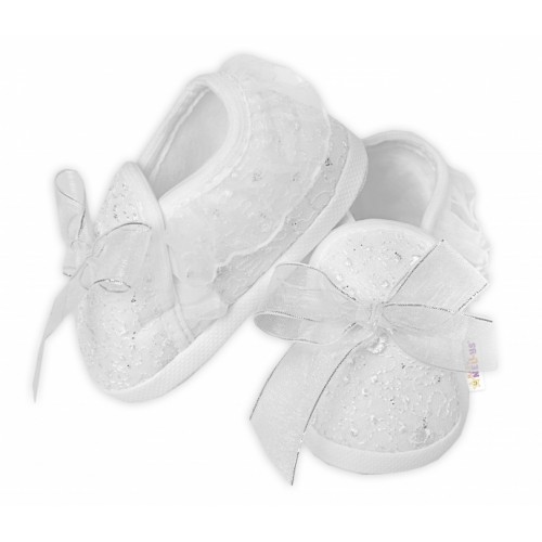 Dojčenské capáčky/topánočky s čipkou a mašľou, Baby Nellys, biele, veľ. 68/74, 12,5cm