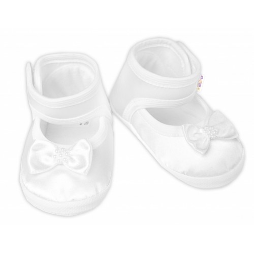 Dojčenské capáčky/topánočky saténové s mašličkou, Baby Nellys, biele, veľ. 62/68, 11,5 cm