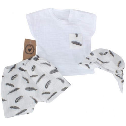 Mušelínové tričko, kraťasy + šatka, 3D sada, Pierka Z&Z, biela/smotana