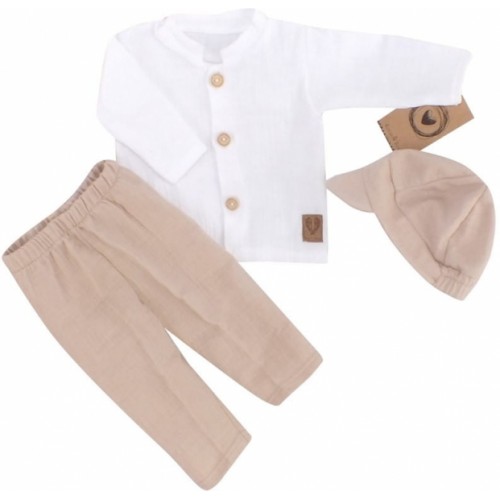 Mušelínová košeľa, nohavice + čiapky, 3D sada, Boy Z&Z, biela/piesková, veľ. 62
