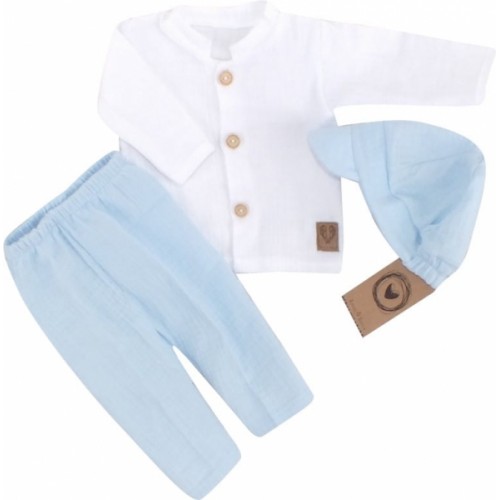 Mušelínová košeľa, nohavice + čiapky, 3D sada, Boy Z&Z, biela/modrá, veľ. 74