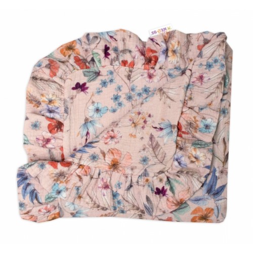 Luxusná dvojvrstvová mušelínová deka s volánikmi, Kvety, Baby Nellys 120x120 cm, púdrová