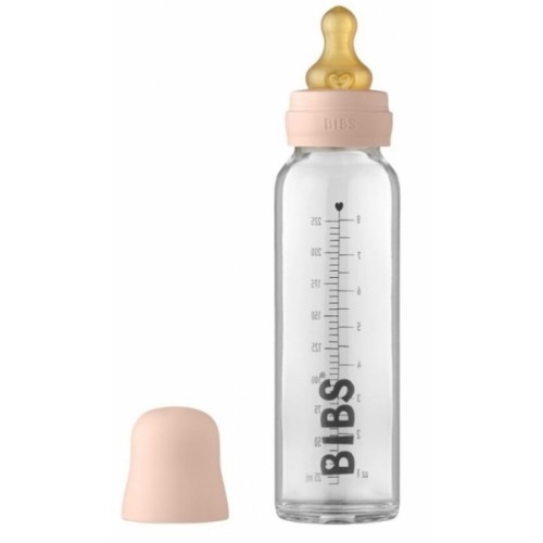 Sklenená antikoliková fľaštička BIBS - 225 ml s kaučukovým cumlíkom veľ. S, púdrovo ružová