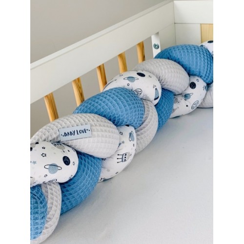 Mantinel pletený vrkoč Vafel, bavlna, Baby Nellys, Vesmír, modrá/sivá/biela, 320 cm