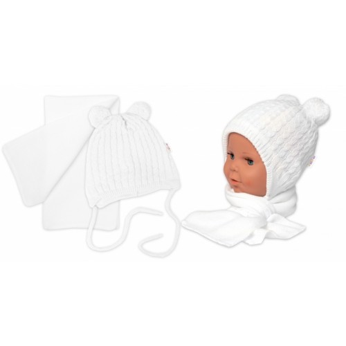 Zimní čepice na zavazování s bambulky + šál, Baby Nellys - bílá