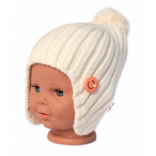 Detská zimná čiapka s brmbolcom Smile, Baby Nellys - smotanová, veľ. 48-54 cm