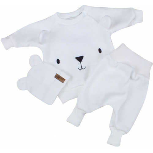 Pletená dojčenská sada 3D Medvedík, svetrík, tepláčiky + čiapočka Kazum, biela