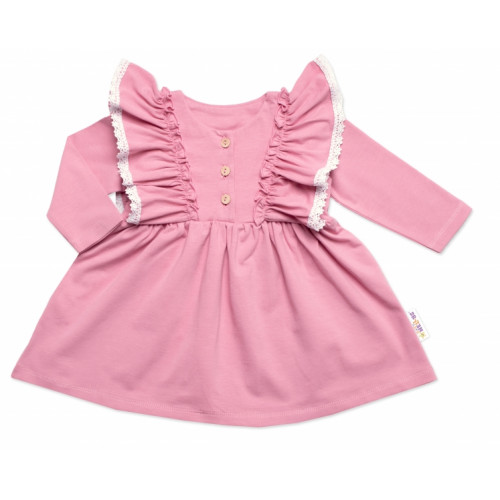 Dojčenské šaty dlhý rukáv s volánikmi Amálka, bavlna, Mrofi, púdrovo ružové, veľ. 80