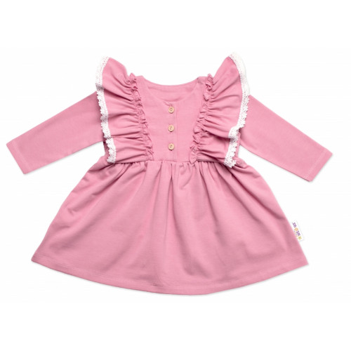 Dojčenské šaty dlhý rukáv s volánikmi Amálka, bavlna, Mrofi, púdrovo ružové, veľ. 80