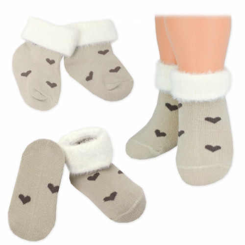 Bavlnené detské ponožky s chlpáčkovým lemom, Srdiečka - capuccino, 1 pár