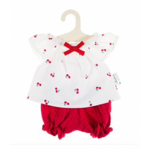 Oblečky pre bábiky, tunika a kraťasky, Čerešne Alimi, biela/červená