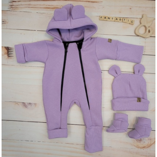 Oteplený detský overal bez šľapiek s kapucňou, čiapočka + topánočky, 3D, Kazum, lila