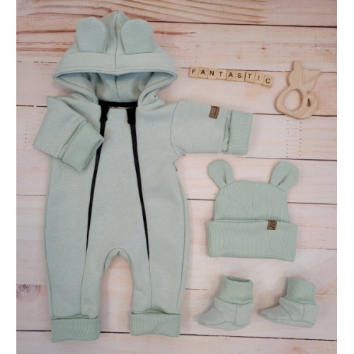 Oteplený detský overal bez šľapiek s kapucňou, čiapočka + topánočky, 3D, Kazum, mätový