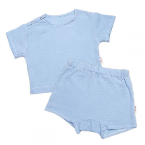Detská letná mušelínová 2D sada tričko kr. rukáv + kraťasy, modré, vel. 104/110