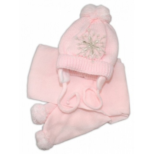 Zimná čiapočka s šálom - Snehová vločka v ružovej, 0-6m, Baby Nellys