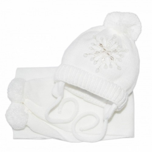Zimná čiapočka s šálom - Snehová vločka v bielej, 0-6m, Baby Nellys
