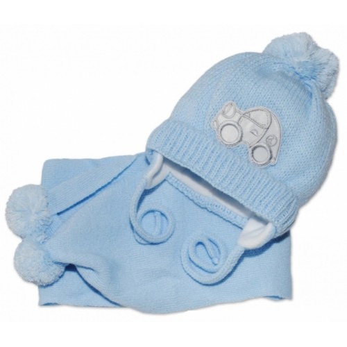 Zimná čiapočka s šálom - Autíčko sv. modré, 0-6m, Baby Nellys
