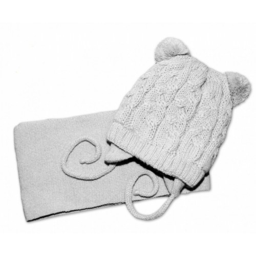 BABY NELLYS Zimná pletená čiapočka s šálom TEDDY - sivá s brmbolcami, vel. 62/68
