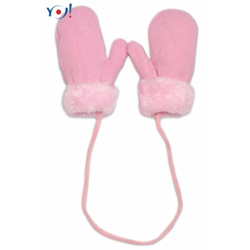 YO! Zimné dojčenské rukavičky s kožúškom - so šnúrkou YO-sv. ružové/ružový kožúšok, 98/104