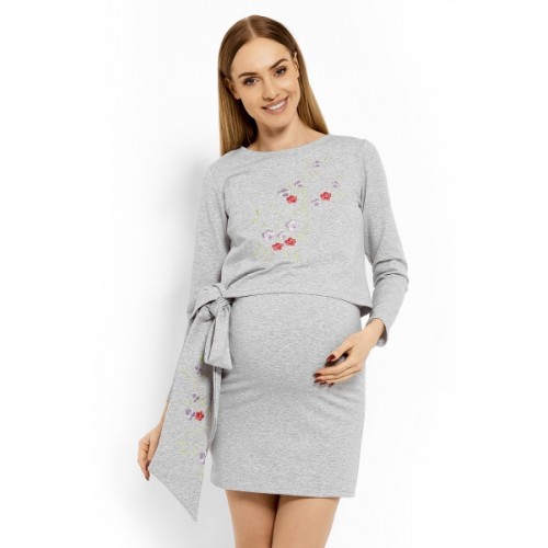 Be MaaMaa Elegantné tehotenské šaty, tunika s výšivkou a stuhou - jasno sivý (dojčiace)