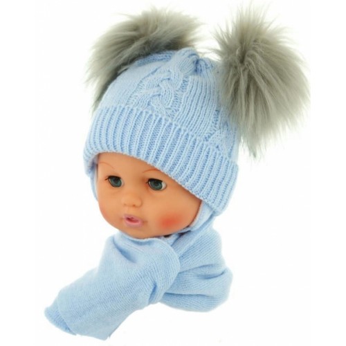 BABY NELLYS Zimná čiapočka s šálom - chlupáčkové bambuľky - sv. modrá