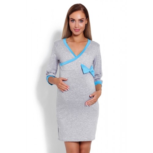 Be MaaMaa Pohodlná tehotenská, dojčiaca nočná košeľa s mašľou - šedá, veľ. XXL