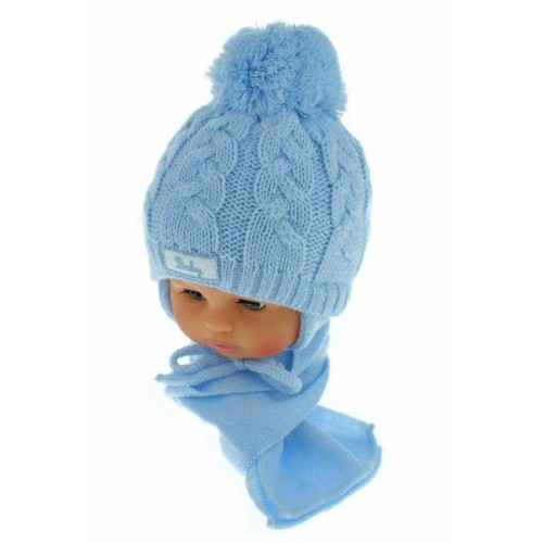 BABY NELLYS Zimná pletená čiapočka s šálom Baby Bear - modrá s brmbolcami
