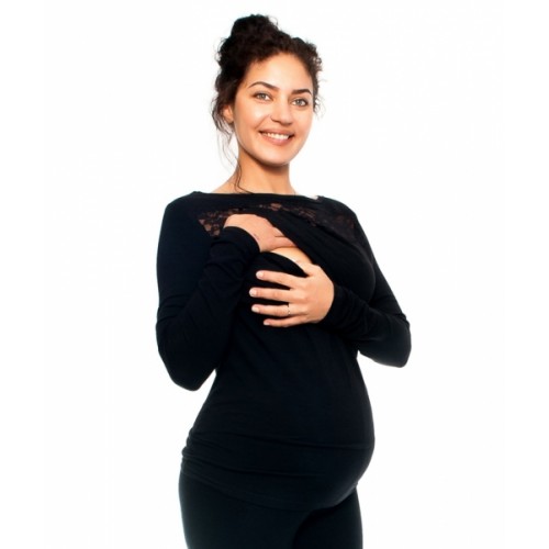 Be MaaMaa Tehotenské a dojčiace triko s krajkou, dlhý rukáv, čierne, veľ. L