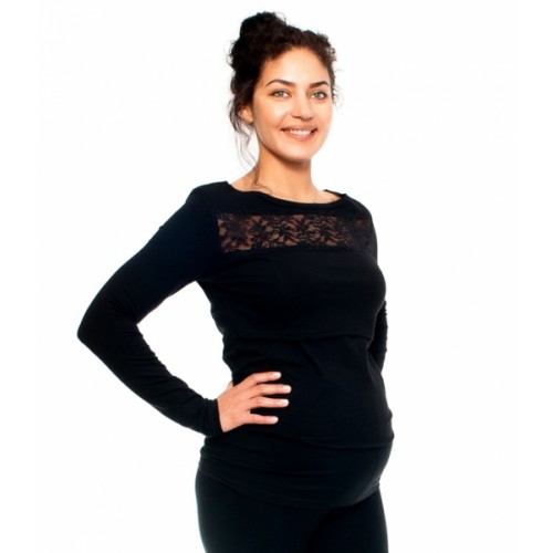 Be MaaMaa Tehotenské a dojčiace triko s krajkou, dlhý rukáv, čierne, veľ. XL