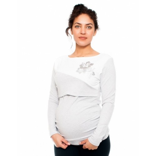 Be MaaMaa Tehotenské a dojčiace triko -kvety, dlhý rukáv, šedo/biele