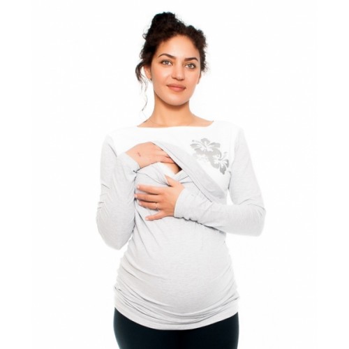 Be MaaMaa Tehotenské a dojčiace triko -kvety, dlhý rukáv, šedo/biele