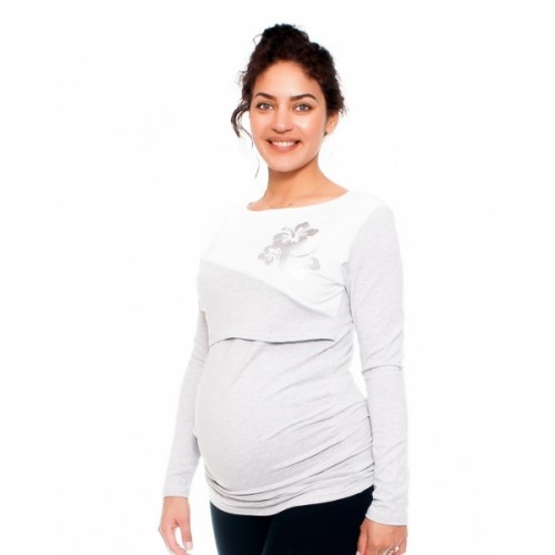 Be MaaMaa Tehotenské a dojčiace triko -kvety, dlhý rukáv, šedo/biele, veľ. XL