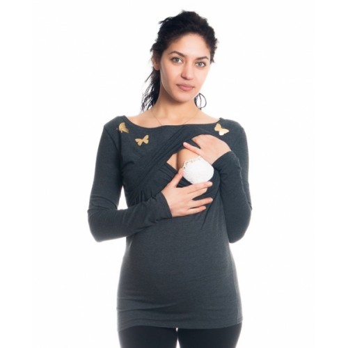 Tehotenské, dojčiace tričko / blúzka dlhý rukáv s potlačou motýliků - grafitové, veľ. S