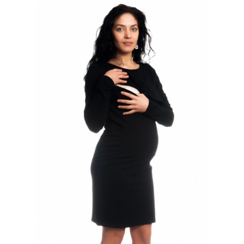 Be MaaMaa Tehotenské / dojčiace šaty z volánkom, dlhý rukáv - čierne, veľ. L