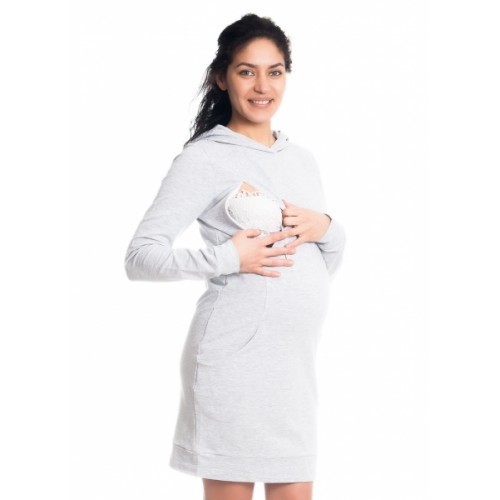 Be MaaMaa Tehotenské / dojčiace šaty Anais s kapucňou, dlhý rukáv - sv. sivé, veľ. S